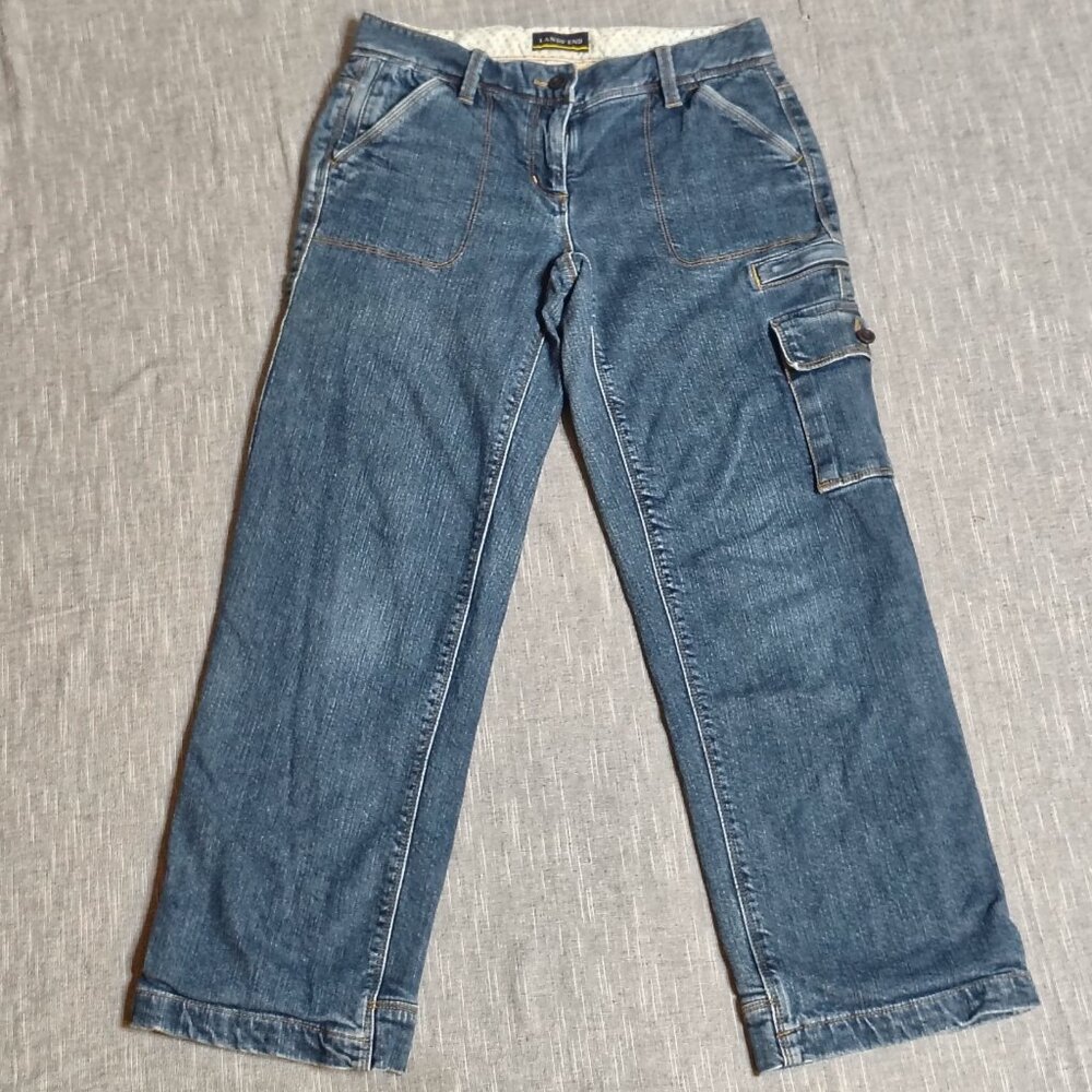 Vintage Lands End Cargo Jeans Size 4P 28x28 Blue Straight Baggy Lined Y2K